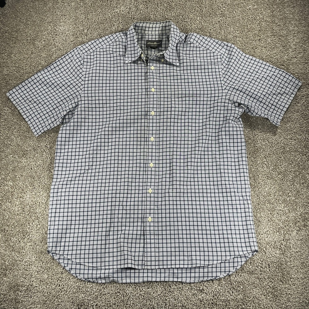 Eddie Bauer Mens Blue Plaid Short Sleeve Button Down Shirt‎ Cotton Tall L